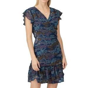 SLATE & WILLOW Navy Blue Confetti Printed Flutter Sleeve Dress Ruffle Blue  Sz S